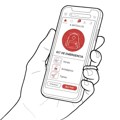 Mano sujetando un móvil con el pedido del kit de emergencia